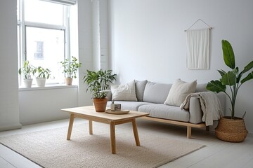 Modern living room interiors with light gray sofas based on Scandinavian interiors. Generative AI
