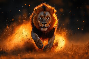 High speed photography of a running lion. Swirling dust , showcasing detailed motion. 