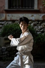 Fototapeta premium A young martial arts practitioner demonstrates his skill in Aikido at a dojo. Dressed traditionally, he stands poised and ready for any challenge.