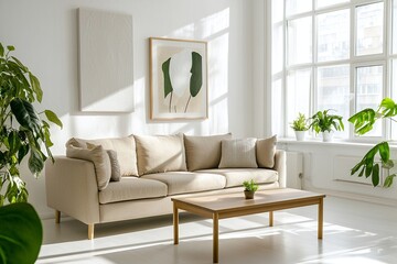An interior photograph of a modern living room based on a Scandinavian interior. Generative AI
