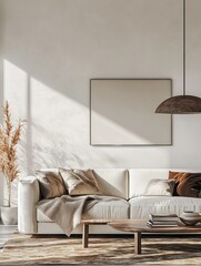 This living room combines a modern minimalist design with warm, earthy tones.