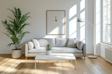 An interior photo of a modern living room with a white sofa based on a Scandinavian interior. Generative AI
