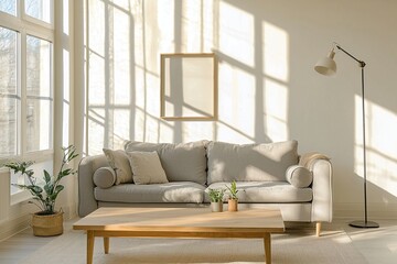 An interiors of a modern residential living room with art frames and sofas and tables based on Scandinavian interiors. Generative AI
