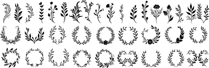 Floral wreath vector collection, decorative botanical elements, hand drawn plant silhouettes, vintage flower branches, leaf laurel design clipart, nature inspired elements, rustic decorations © Arafat