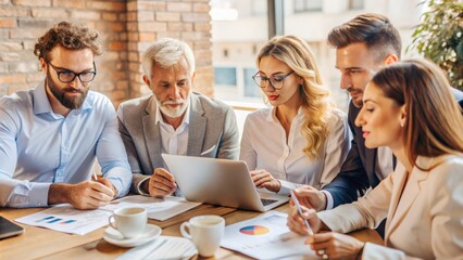 Business team analyzing financial statements in modern office setting with copy space