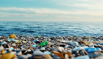 Polluted beach covered in plastic and debris, environmental disaster, 3D illustration