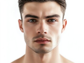 Obraz premium Frontal portrait of young male model with beard and mustache. Handsome features, clear complexion, close up shot against white background.