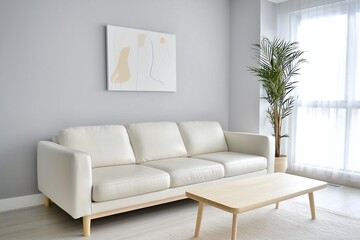 An interiors of a modern residential living room with art frames and sofas and tables based on Scandinavian interiors. Generative AI
