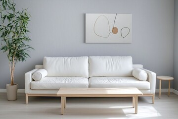 An interiors of a modern residential living room with art frames and sofas and tables based on Scandinavian interiors. Generative AI
