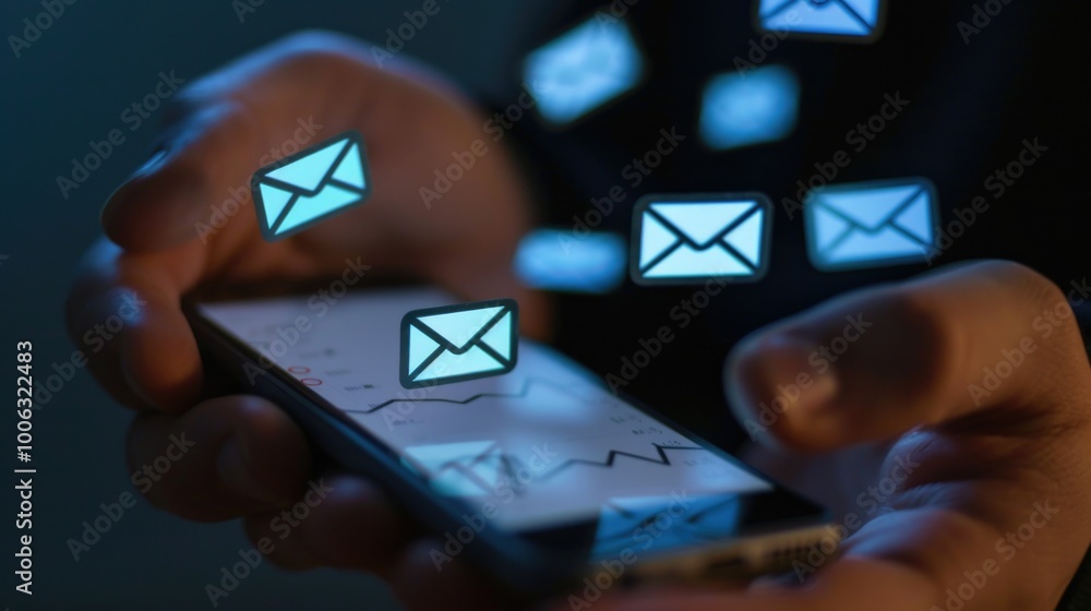 Poster hand holding a smartphone with multiple email icons indicating the concept of digital communication 