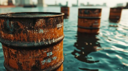 Toxic waste barrels leaking into river, water contamination, 3D illustration
