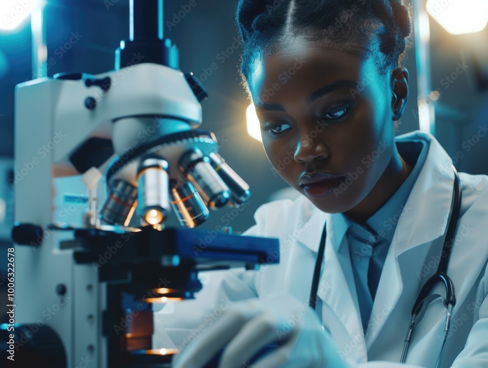 Poster a scientist in a lab coat working at a microscope, examining samples with high magnification for res