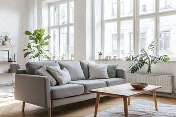 Modern living room interiors with light gray sofas based on Scandinavian interiors. Generative AI
