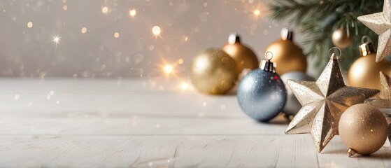 Fototapeta premium Golden and Blue Christmas Ornaments on Wooden Table