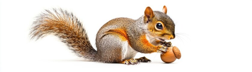 Obraz premium A cute squirrel holding an acorn, showcasing its fluffy tail and vibrant fur. Perfect for nature and wildlife themes.