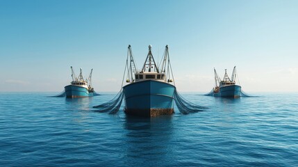 Obraz premium Overfishing in the ocean, large fishing trawlers pulling in massive nets, 3D illustration