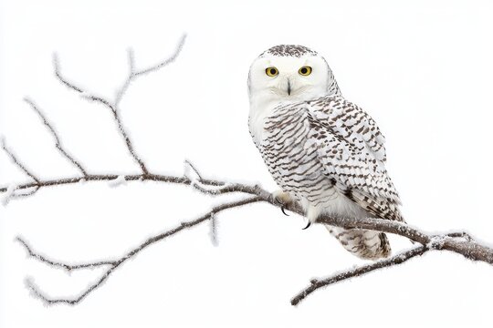 A majestic snowy owl perched on a branch, showcasing its striking plumage against a serene winter backdrop.