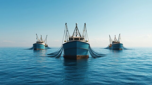 Overfishing in the ocean, large fishing trawlers pulling in massive nets, 3D illustration