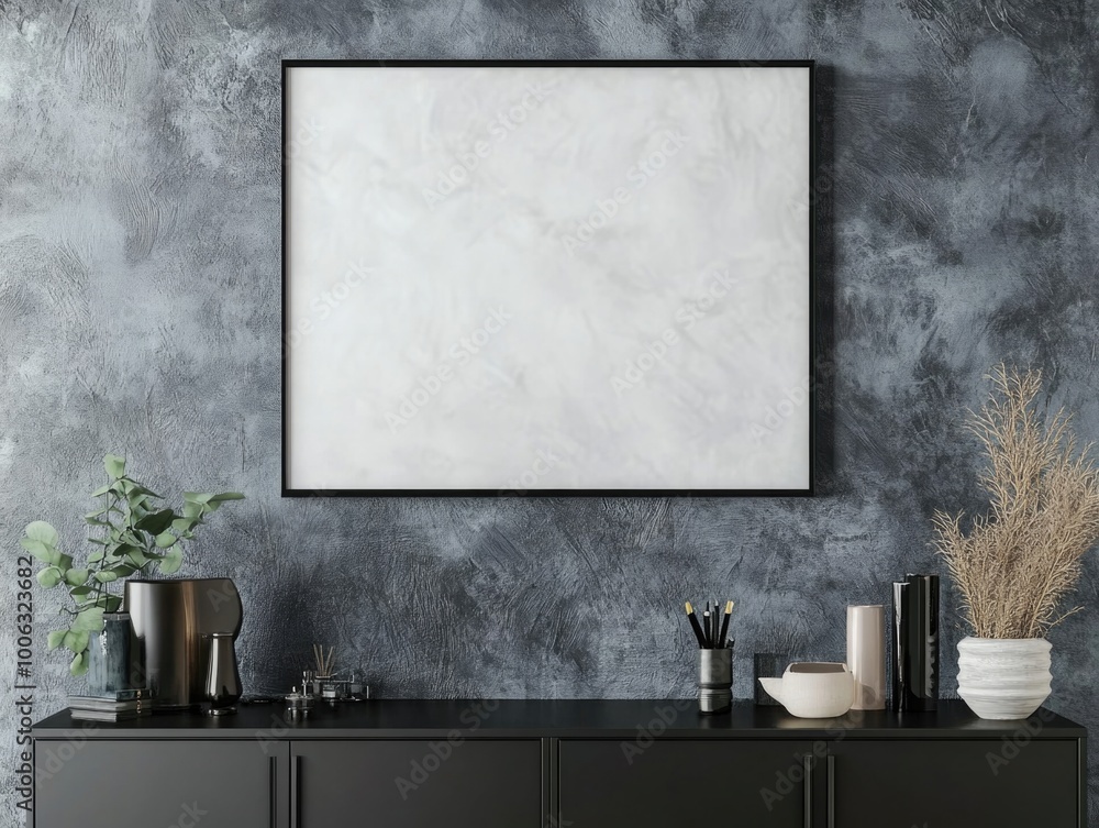 Poster the empty frame on a textured wallpapered wall serves as a modern canvas for art and adds minimalist