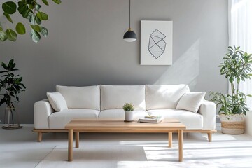 Minimalist, An interiors of a modern residential living room with art frames and sofas and tables based on Scandinavian interiors. Generative AI