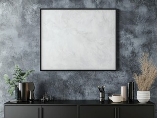 The empty frame on a textured wallpapered wall serves as a modern canvas for art and adds minimalist flair to the room's decor.