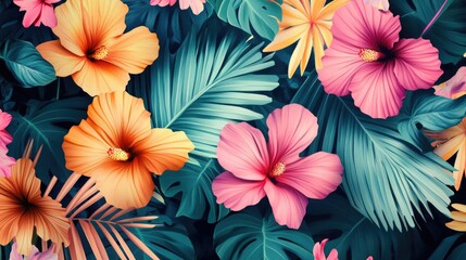 A lively tropical floral pattern featuring pink flowers and palm leaves in a colorful, repeating design. Perfect for decorative surfaces and textiles.