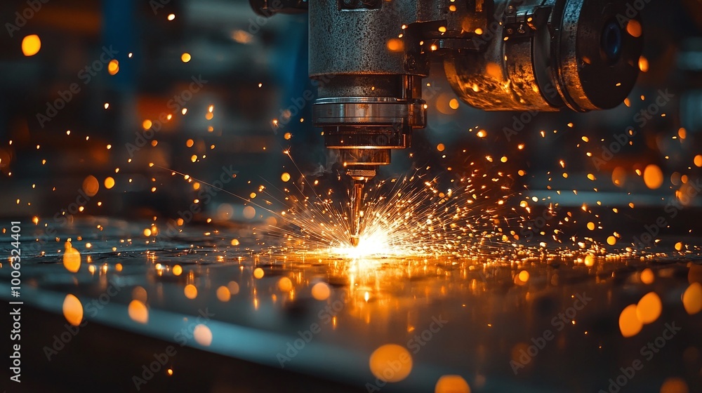 Poster automated robotic welding process with sparks in a modern workshop, perfect for precision metal join