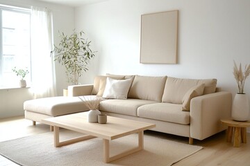 Minimalist, A contemporary Scandinavian interior in a living room with a wall hanging with art frames and a snug sofa and wooden table. Generative AI