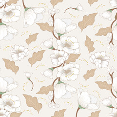 Seamless pattern of delicate cherry blossom branches with white flowers and soft green leaves on a pale cream background, capturing the beauty of spring and the fleeting nature of cherry blossoms.