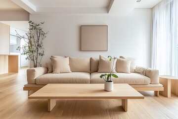 Minimalist, A contemporary Scandinavian interior in a living room with a wall hanging with art frames and a snug sofa and wooden table. Generative AI