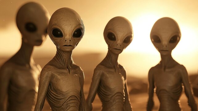 Four alien figures stand together, their unique features illuminated by the warm glow of a setting sun