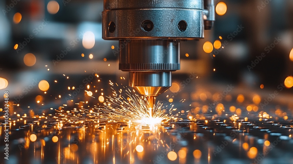 Poster automated robotic welding process with sparks in a modern workshop, perfect for precision metal join