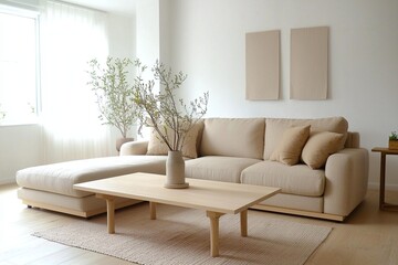 Minimalist, A contemporary Scandinavian interior in a living room with a wall hanging with art frames and a snug sofa and wooden table. Generative AI