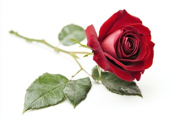 Fototapeta premium Elegant red rose with lush green leaves, perfect for conveying love and romance in various design projects.