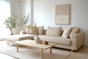 Minimalist, A contemporary Scandinavian interior in a living room with a wall hanging with art frames and a snug sofa and wooden table. Generative AI