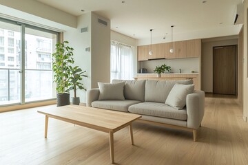 Minimalist, Modern living room interiors with light gray sofas based on Scandinavian interiors. Generative AI