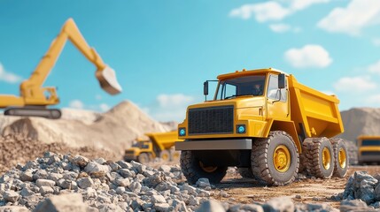 Obraz premium Quarry with trucks and machines extracting stone, resource exploitation, 3D illustration