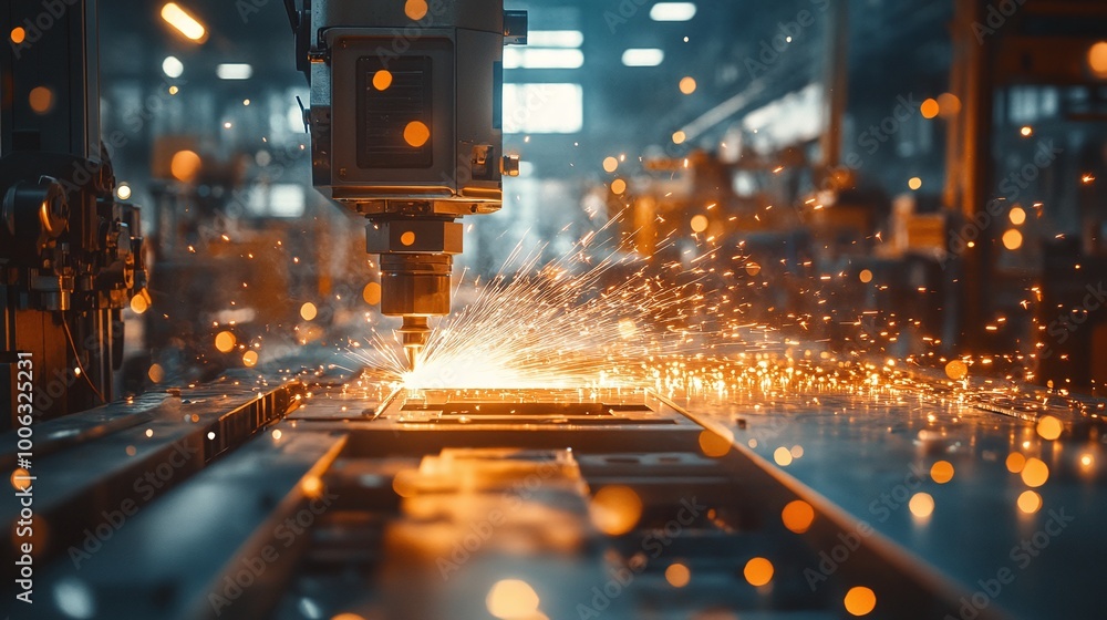 Aufkleber automated robotic welding process with sparks in a modern workshop, perfect for precision metal join