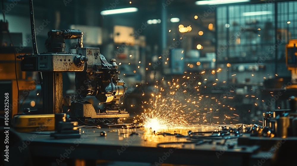 Poster automated robotic welding process with sparks in a modern workshop, perfect for precision metal join