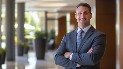 Confident businessman in suit standing with arms crossed in modern office hallway, smiling at camera.