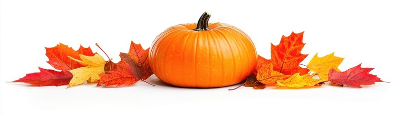 Obraz premium Vibrant orange pumpkin surrounded by colorful autumn leaves, perfect for seasonal decor and harvest themed projects.
