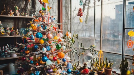 Fototapeta premium An artistic Christmas tree composed entirely of recycled items, decorated with colorful handmade ornaments, beside a clear window