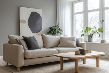 Fototapeta premium Minimalist, An interiors of a modern residential living room with art frames and sofas and tables based on Scandinavian interiors. Generative AI