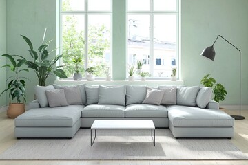 A mid-century modern interior in a living room with mint-colored walls and windows and fluffy sofas. Generative AI
