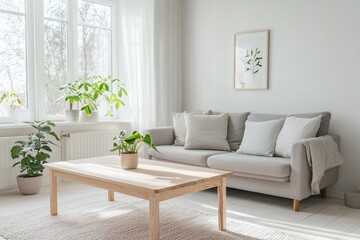 Minimalist, A mid-century modern interior in the living room with art frames hanging and fluffy sofas and wooden tables. Generative AI