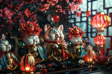 Fototapeta premium Maneki-Neko cats, symbolizing luck, wealth, and prosperity. Perfect for themes of Asian culture, good fortune, and tradition.