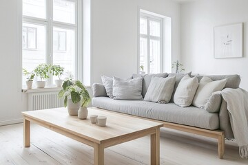 Fototapeta premium Minimalist, A photo of a mid-century modern interior in a modern living room with a fluffy sofa and table and a view of the pot. Generative AI