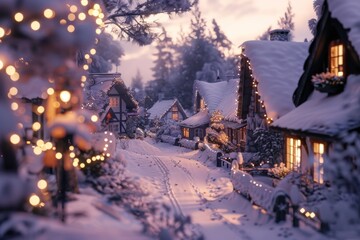 Winter Village Scene with Snow-Covered Cottages