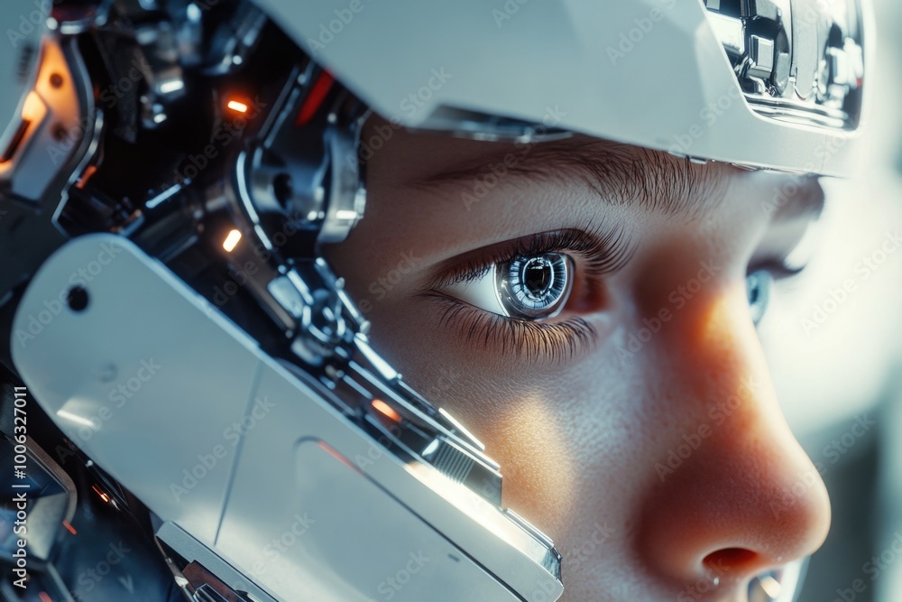 Poster a robot's eye with a reflective surface, showcasing the advanced technology of artificial intelligen