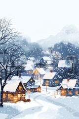 Winter Village Scene with Snow-Covered Cottages